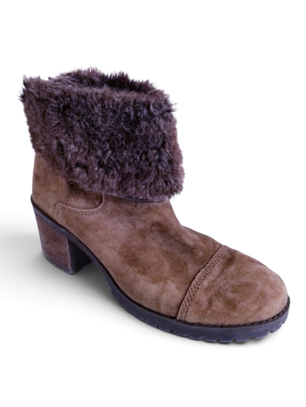 Lucky Brand Boots 9.5 Nancee Suede Fur Trim Lug Sole Block Heel Booties Brown